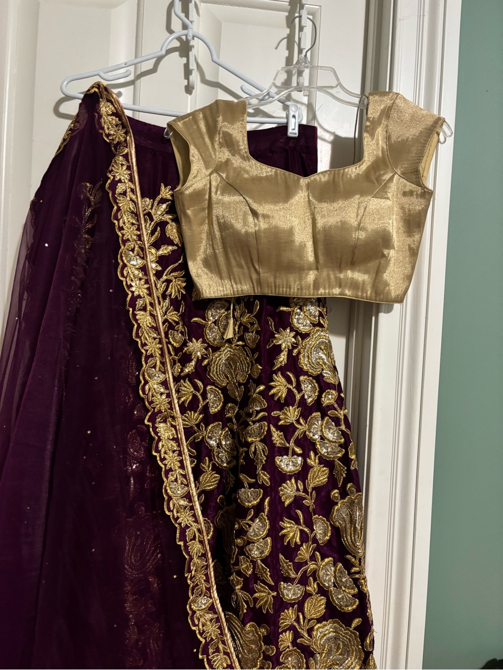 design large new purple Lehenga with gold blouse and purple gold Dupetta